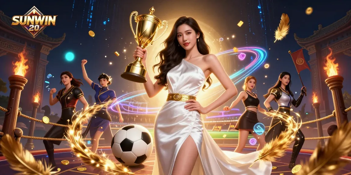 Bet on SUNWIN 20 with victorious Asian woman holding a trophy, enhanced with dynamic sports elements.
