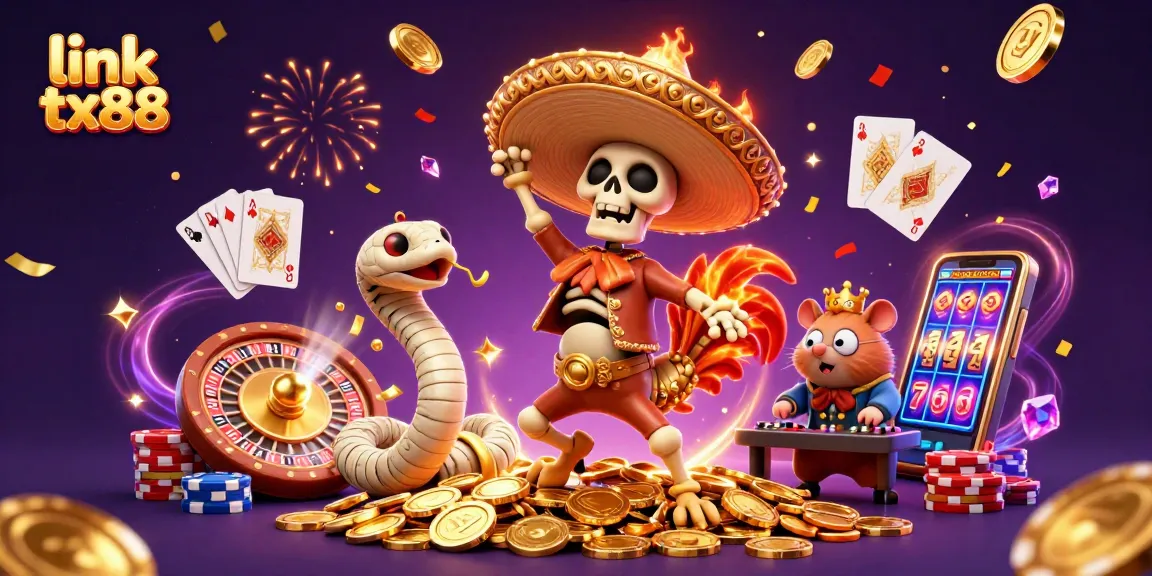 Spin to win with link tx88 as a marachi rooster dances on golden coins, in a lively casino scene.