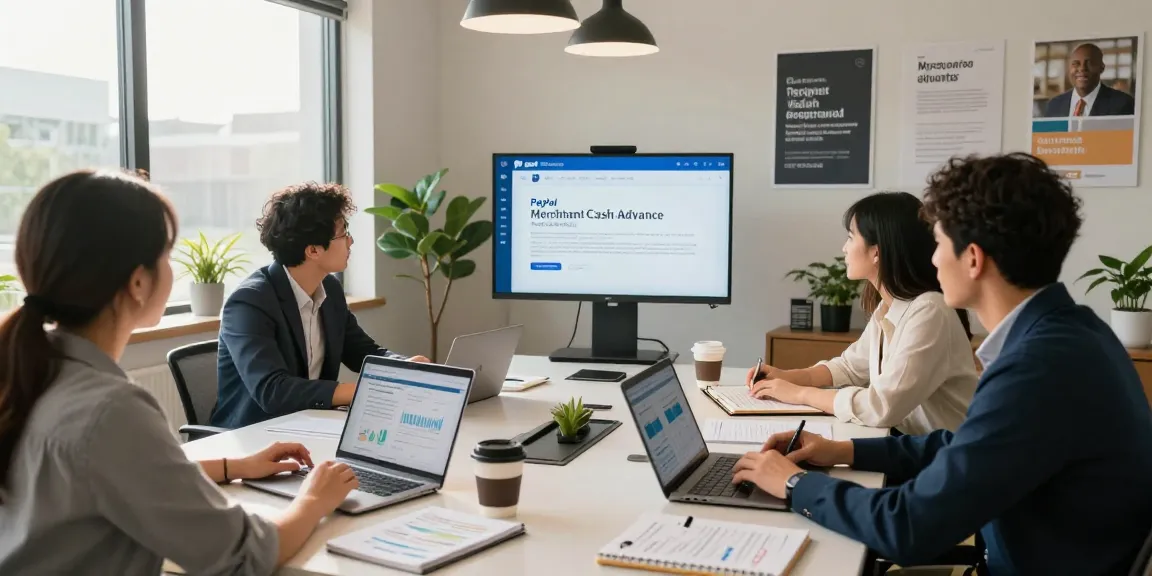 Team discussing PayPal merchant cash advance strategies in a bright office.