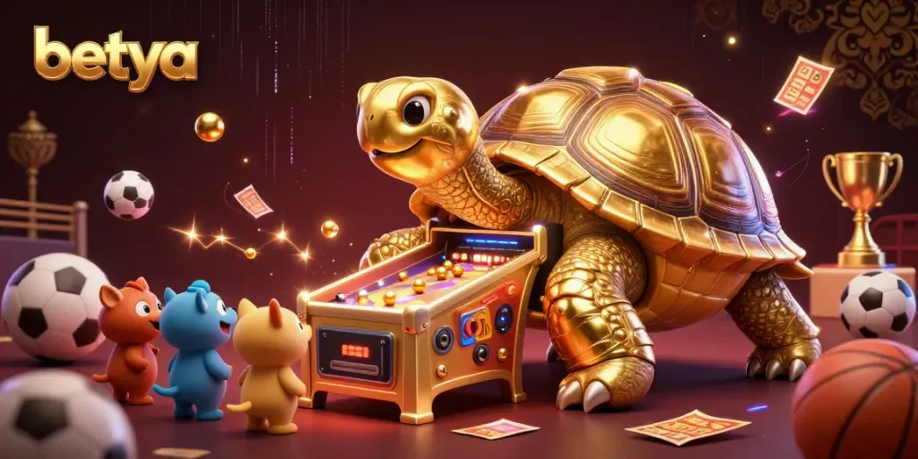Betya sports betting illustration featuring a golden tortoise pinball machine with exciting game elements.