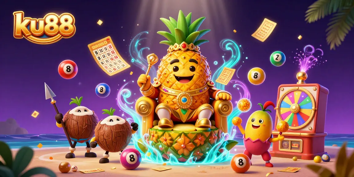 ku88 themed beach casino illustration with golden pineapple king, lively game elements.