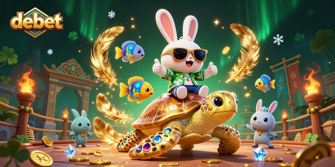 Engage with debet in a vibrant casino scene featuring a lucky rabbit on a turtle amidst festive gambling elements.