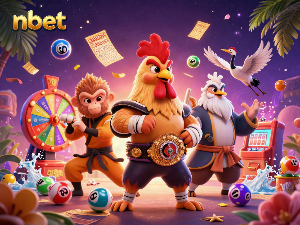 Engage with nbet's dynamic gaming scene featuring cartoon characters and vibrant lottery elements.