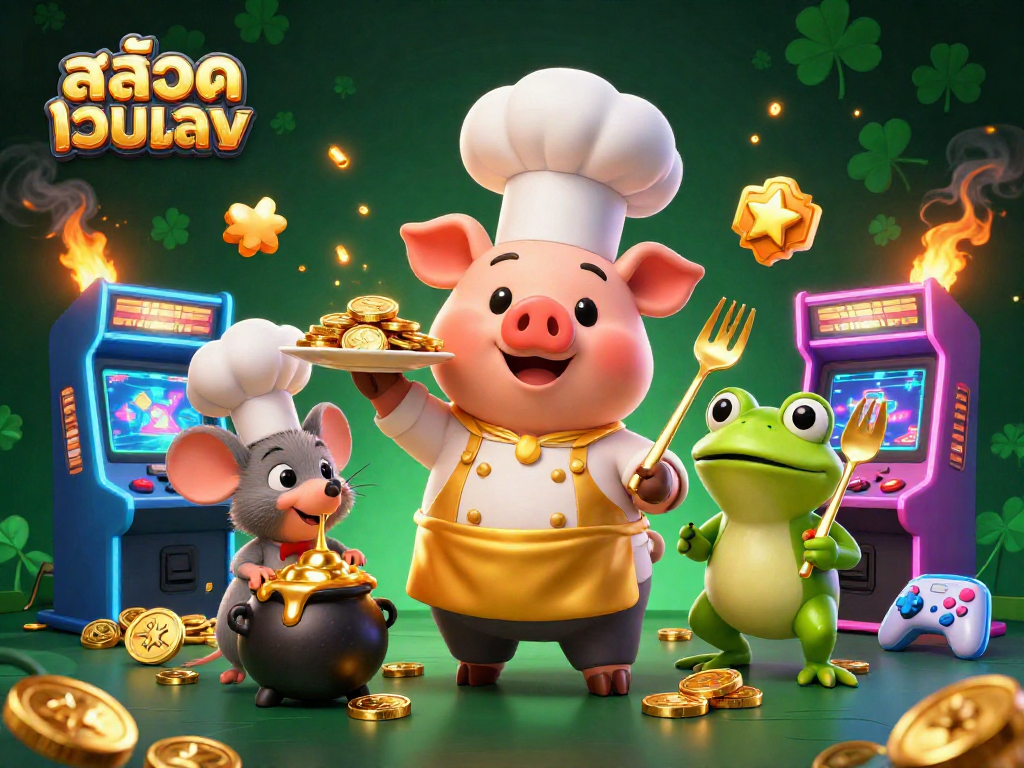 Play สล็อตเว็บตรง and enjoy a vibrant 3D casino scene with fun characters and gold coins.