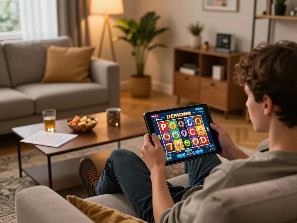Engaging gameplay on a Demo Slot game displayed on a tablet, set in a cozy home atmosphere.