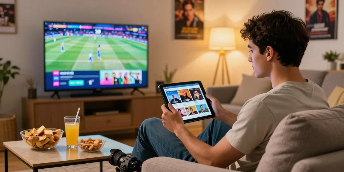 Youth enjoying Pikashow APK streaming movies and IPL cricket in cozy living room.