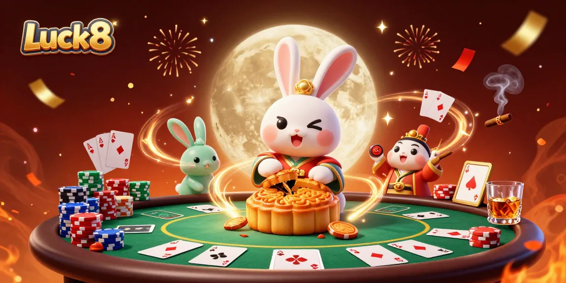 Luck8 illustration showcasing a cartoon moon rabbit at a poker table with vibrant casino elements.