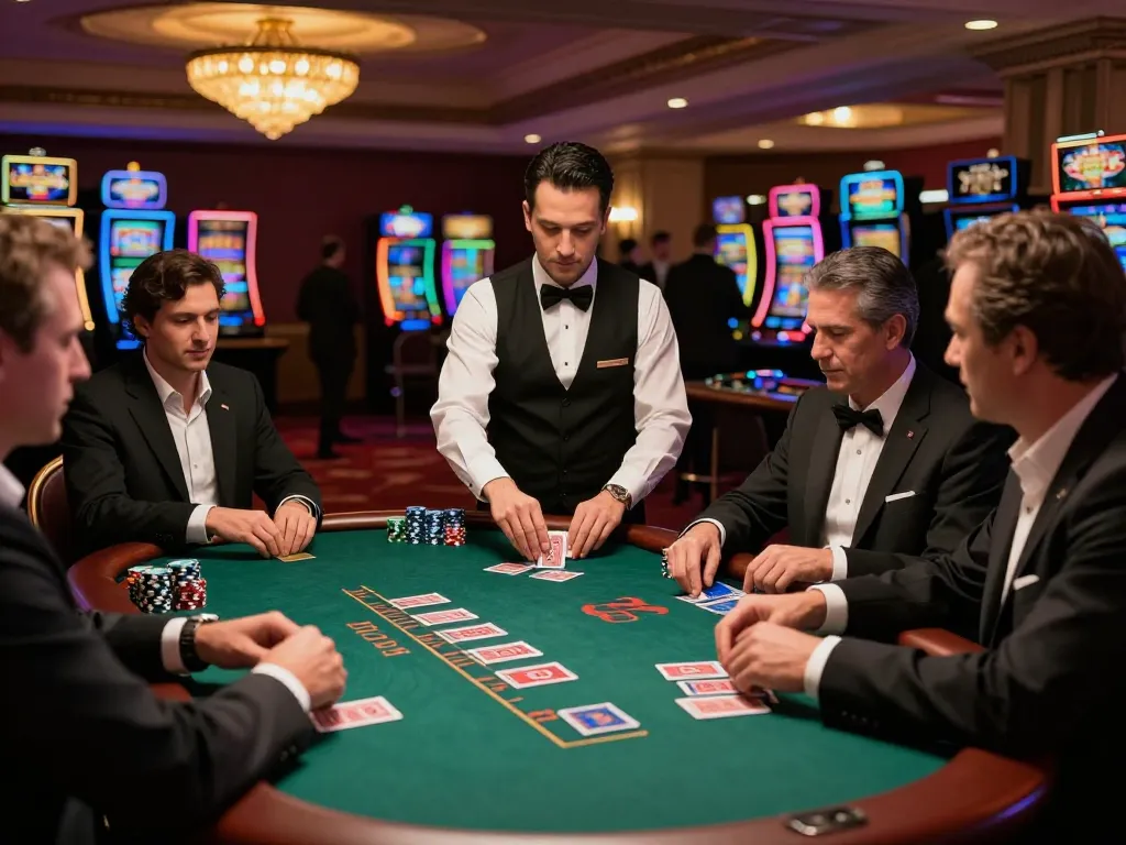 Players engaging at a blackjack table in MM88's upscale casino, showcasing serious strategy and glitz.