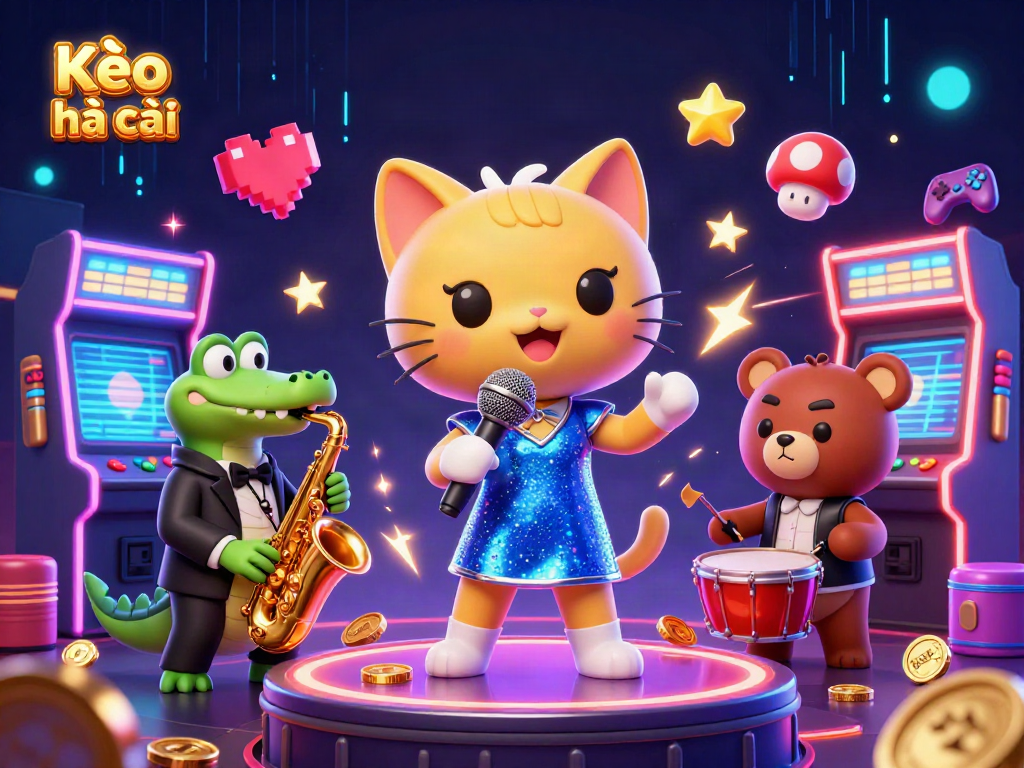 Kèo nhà cái showcases a vibrant casino scene featuring a jazz-singer cat, crocodile, and bear cub in action.