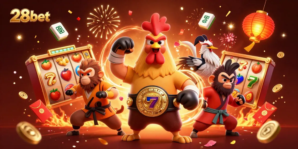 Engage with thrilling games at 28bet, showcasing vibrant slot reels and festive characters.