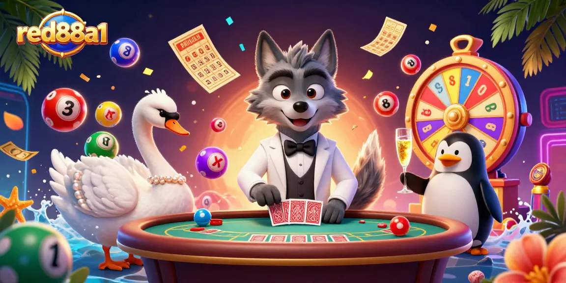 Win big with red88a1 at a vibrant casino illustration featuring a wolf, swan, and penguin.