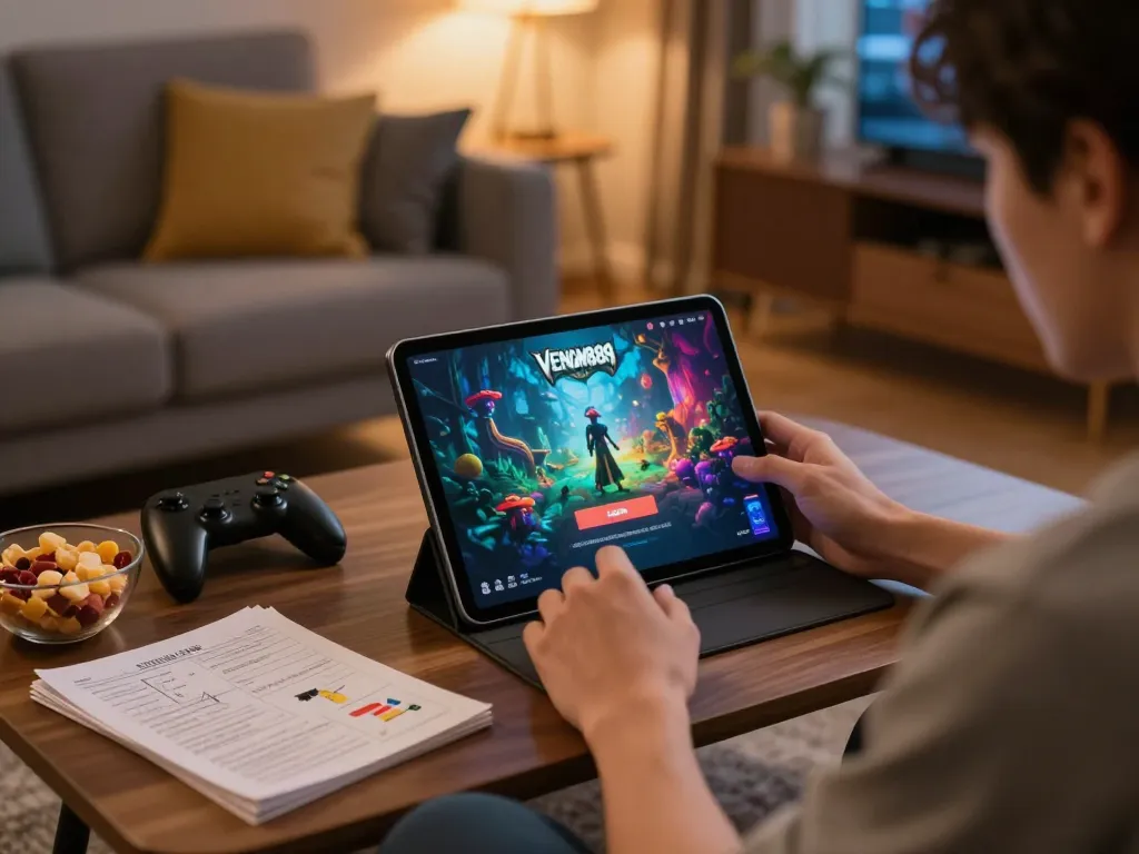 Player enjoying the VENOM889 Login experience on a tablet, showcasing exciting idle-RPG gameplay.