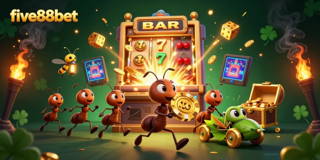 Engaging five88bet scene of animated ants on a heist with gaming symbols and jackpot elements.