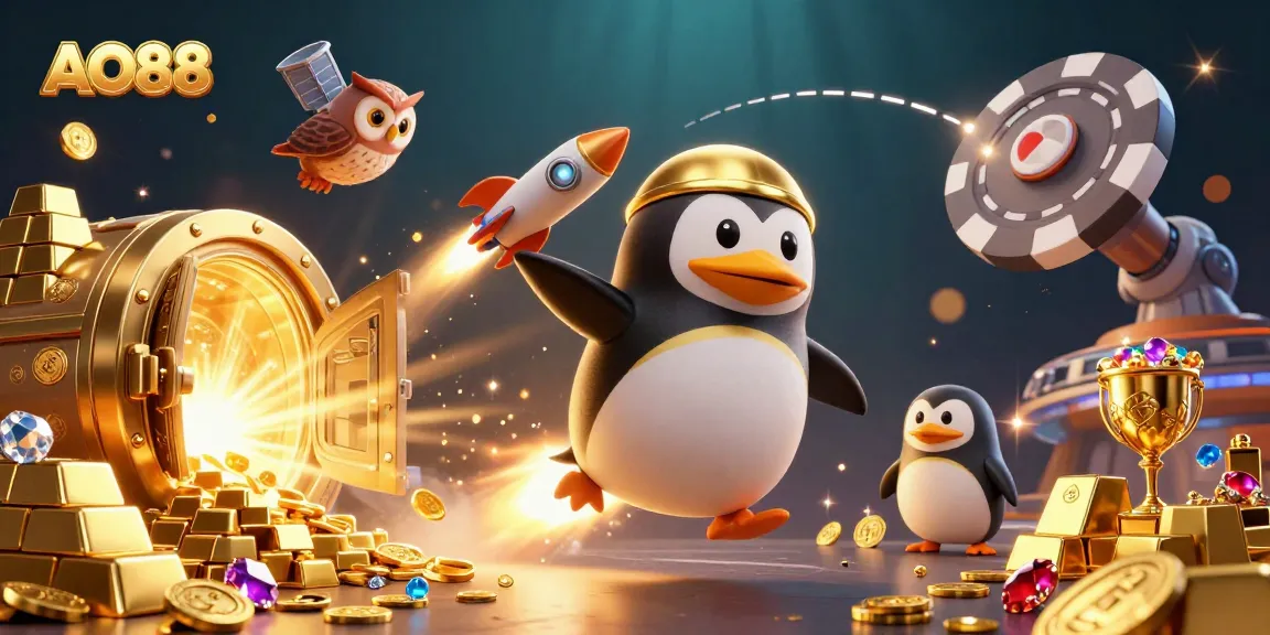 Join the AO88 adventure as the golden penguin rockets through space towards a vibrant casino!