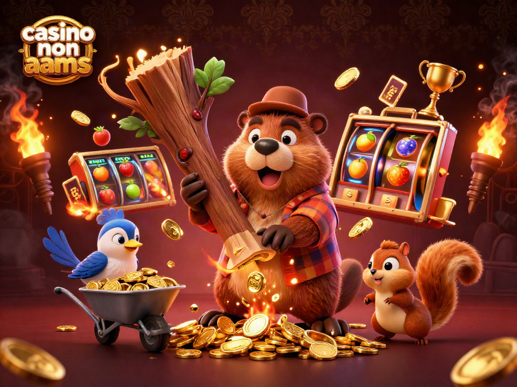 Giocando nel casino non aams, un castoro sega un albero che produce monete d'oro e altri animali che raccolgono tesori