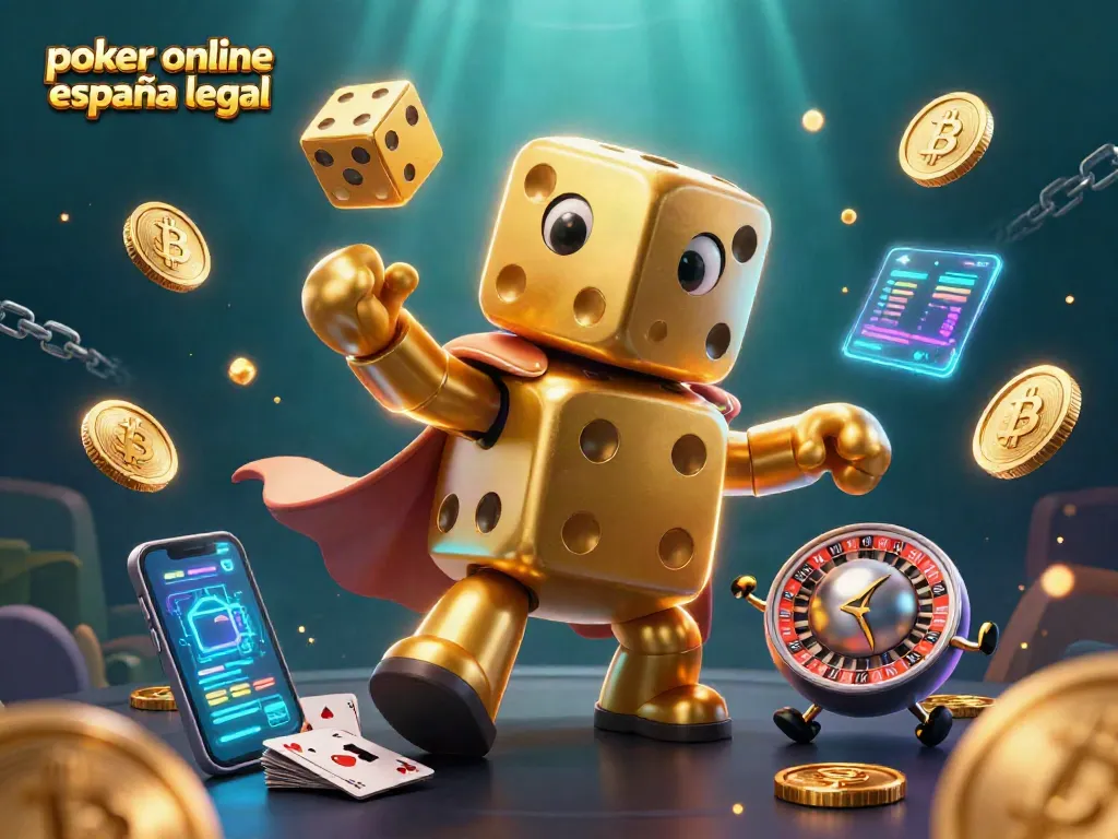 Juego de póker en línea en España legal con un personaje de dados dorados y elementos criptográficos.