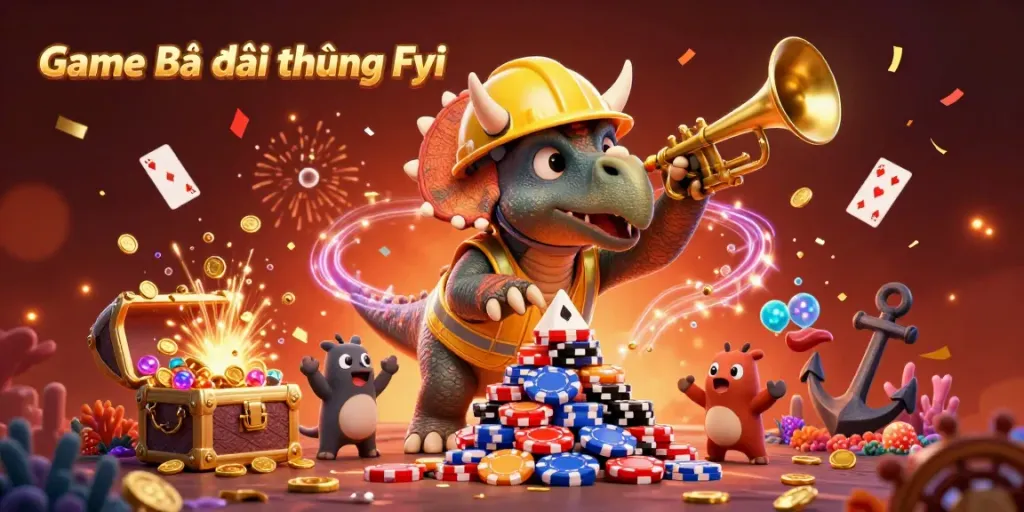 Game Bài Đổi Thưởng Fyi featuring a celebratory triceratops building poker chip pyramid.