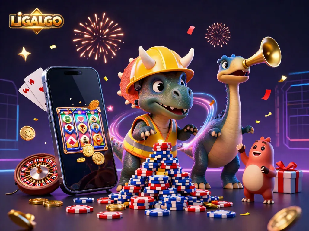 LIGALGO brings excitement with a triceratops stacking poker chips and a celebrating parasaurolophus in a vibrant casino scene.