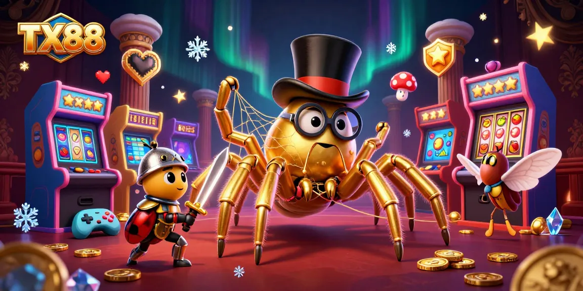 Experience the excitement at TX88 with a vibrant casino illustration showcasing a golden tarantula and beetle knight.