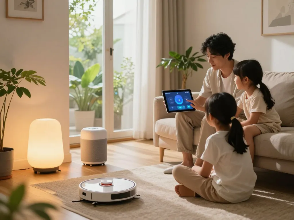 Family enjoying innovative tech gadgets for home in a cozy living room setting.