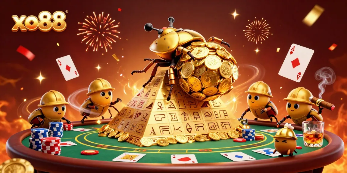 Experience thrilling action at xo88 as beetles roll golden coins up a casino pyramid.