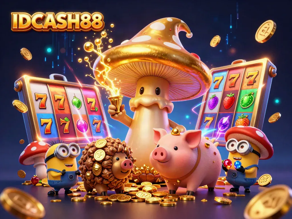 Experience the thrilling excitement of IDCASH88 as the golden mushroom wizard brings luck while spinning winning slot reels.
