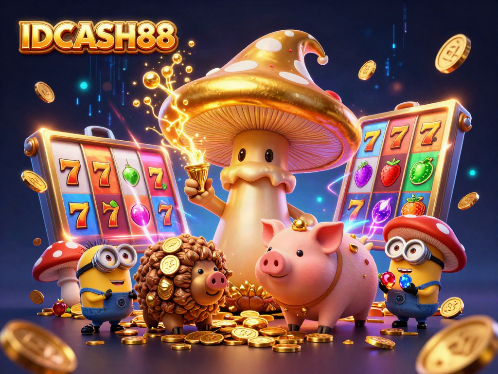 Experience the thrilling excitement of IDCASH88 as the golden mushroom wizard brings luck while spinning winning slot reels.