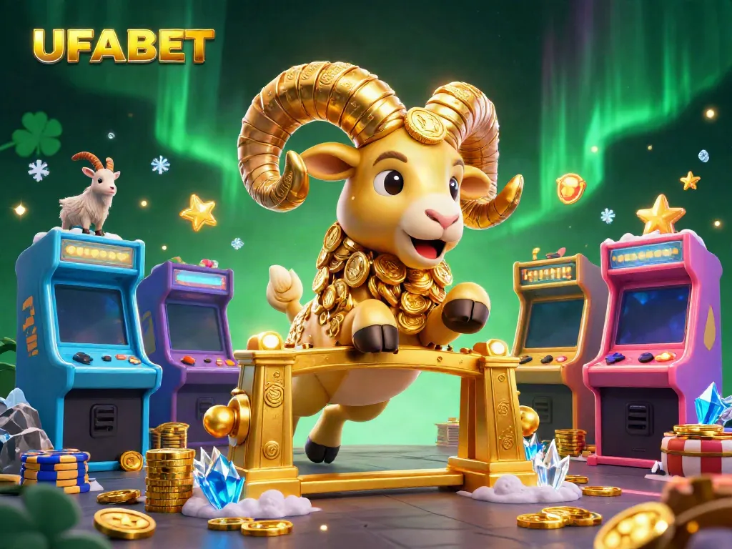 Engage in thrilling UFABET betting action with a golden ram charging at a digital gaming arena.
