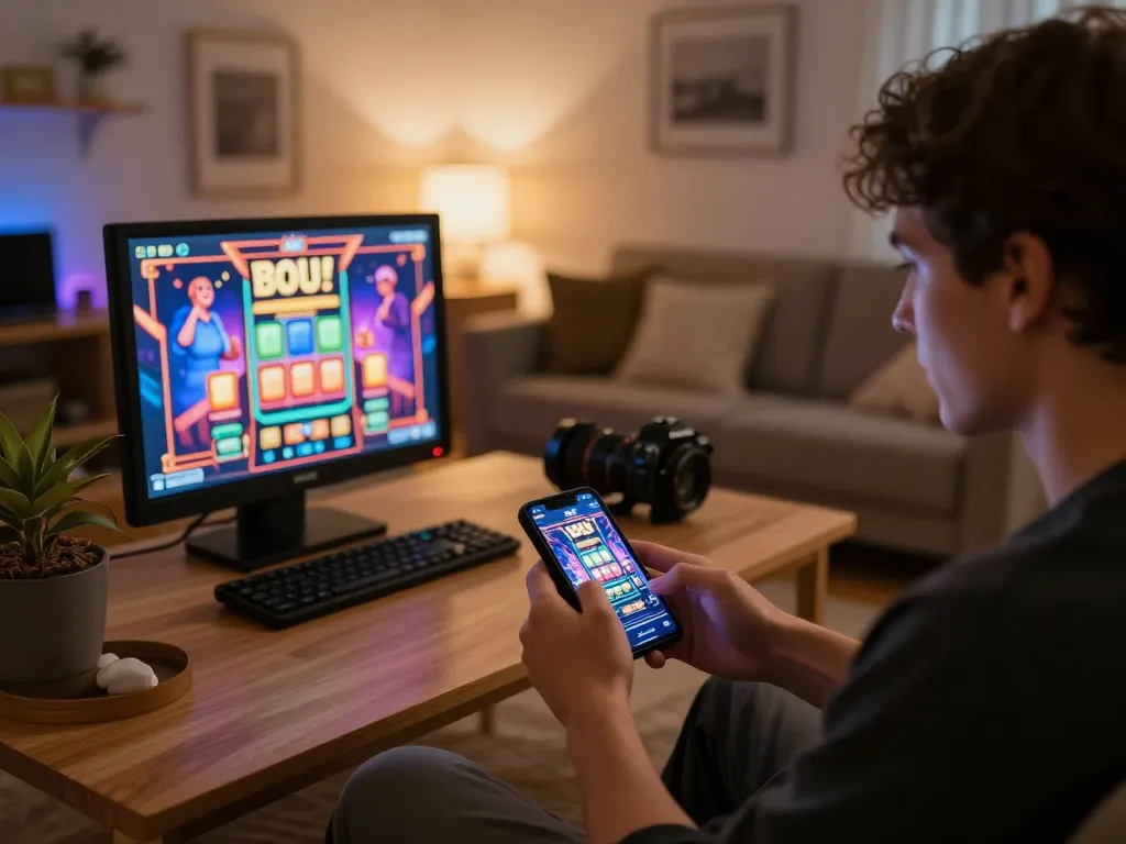 Player enjoying exciting gameplay on a smartphone, brandingbybrandi slot game experience in a cozy environment.
