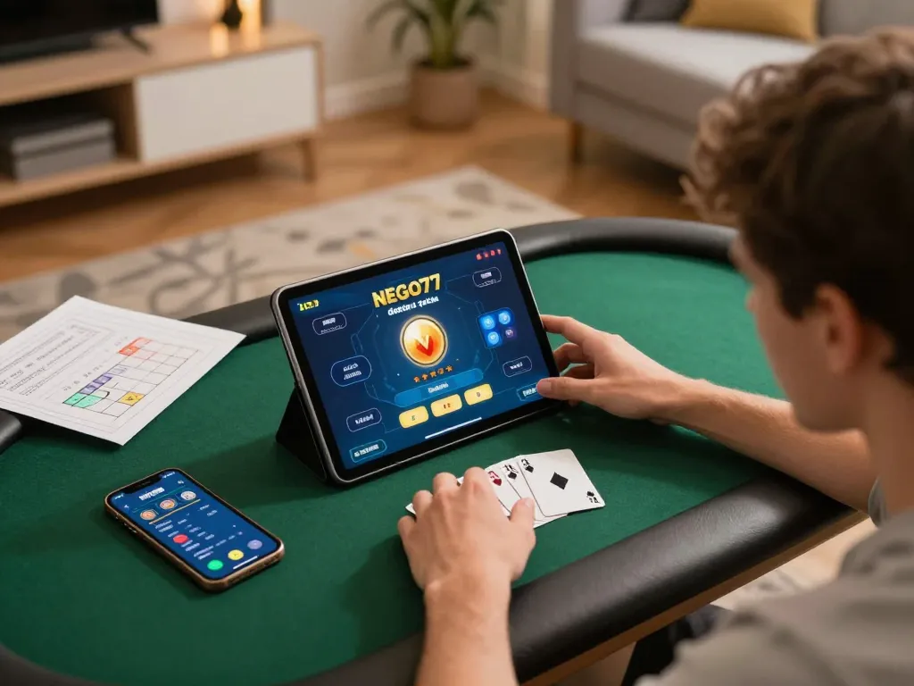 Engaging NEGO77 daftar online poker gameplay scene with a player using a tablet
