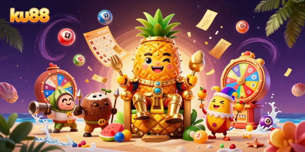 Experience vibrant gaming action with ku88 at the lively beach casino, featuring playful characters and lottery excitement.