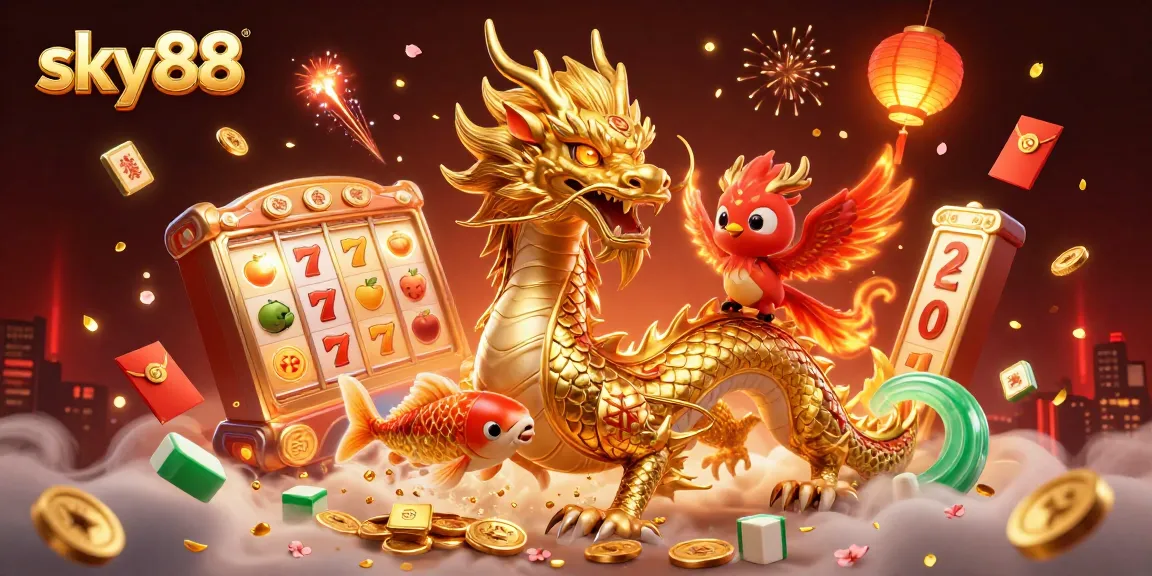 Experience the excitement of sky88 with vivid 3D casino elements, a dragon, and golden prizes.