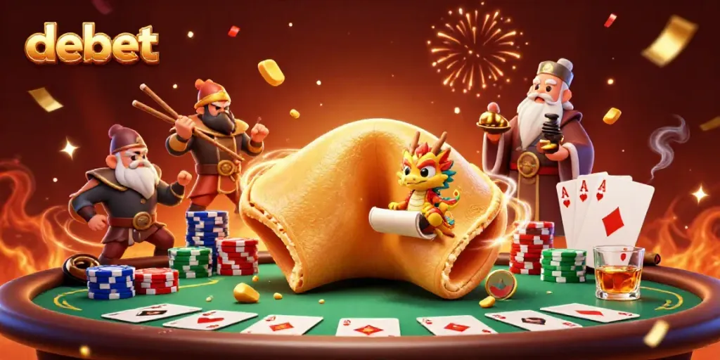 Experience thrilling gaming at debet with a golden fortune cookie guarded by chopstick warriors.
