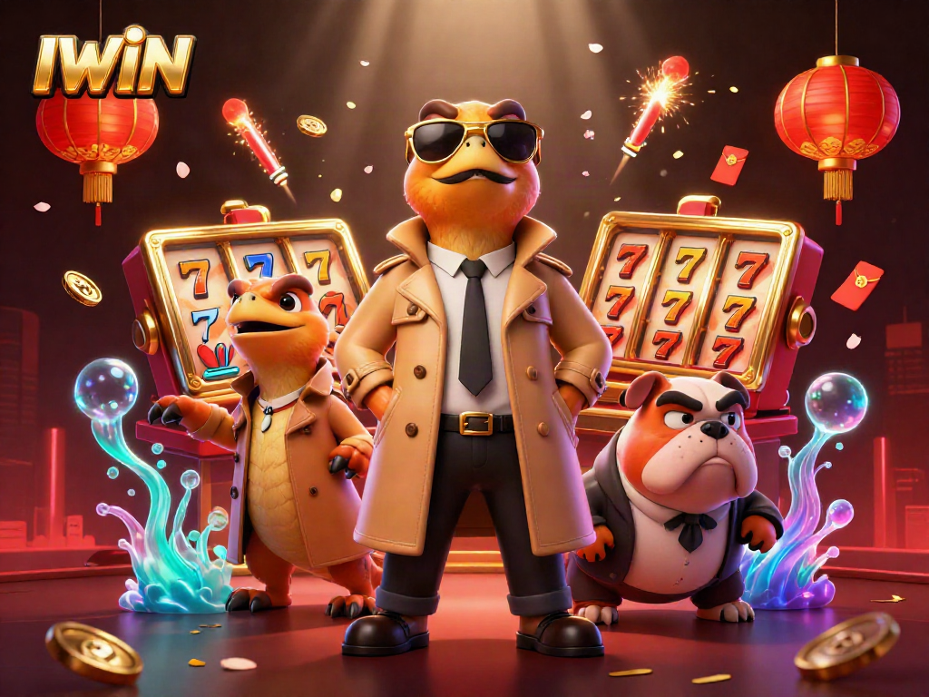 IWIN casino scene depicting raptors in a trench coat attempting to enter a lounge with vibrant casino elements surrounding them.