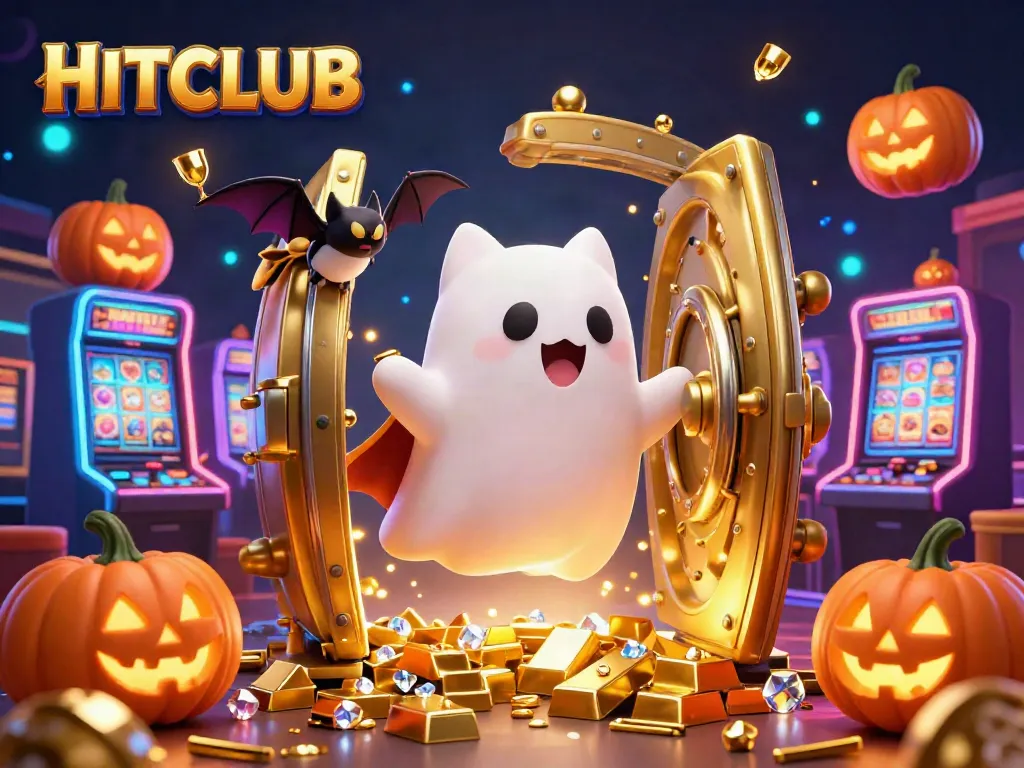 Experience HITCLUB's vibrant casino atmosphere with a friendly ghost cat and treasure elements.