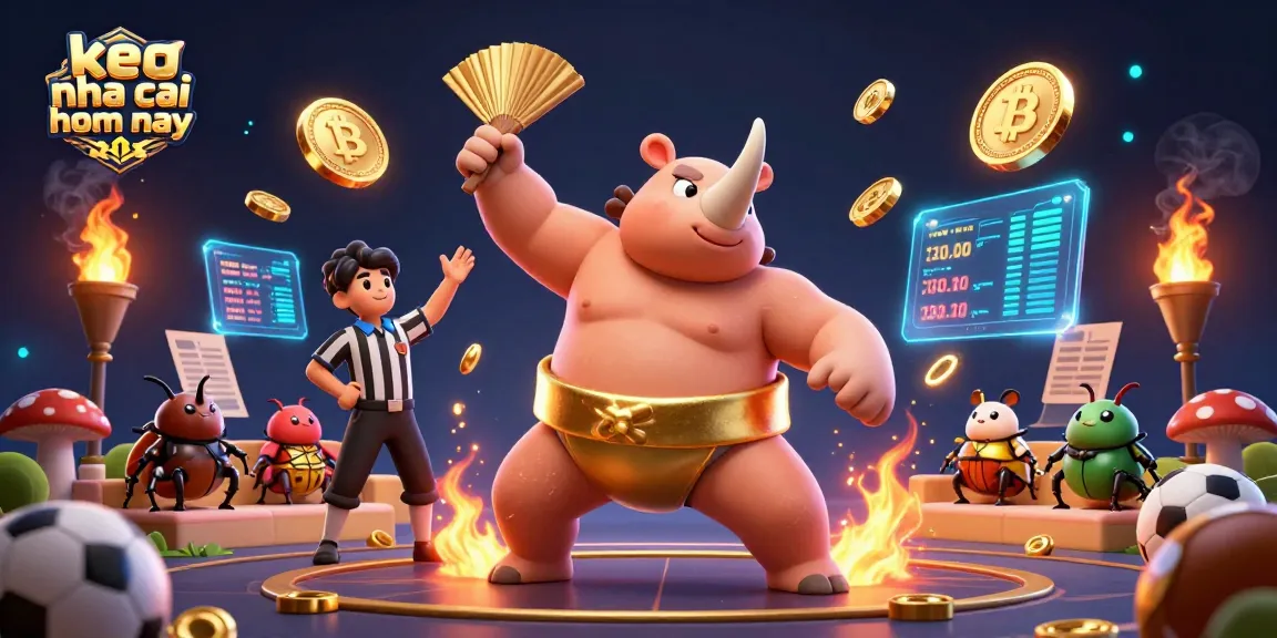 Experience keo nha cai hom nay with an energetic scene featuring a sumo beetle champion amidst sports elements, betting slips, and neon 3D coins.