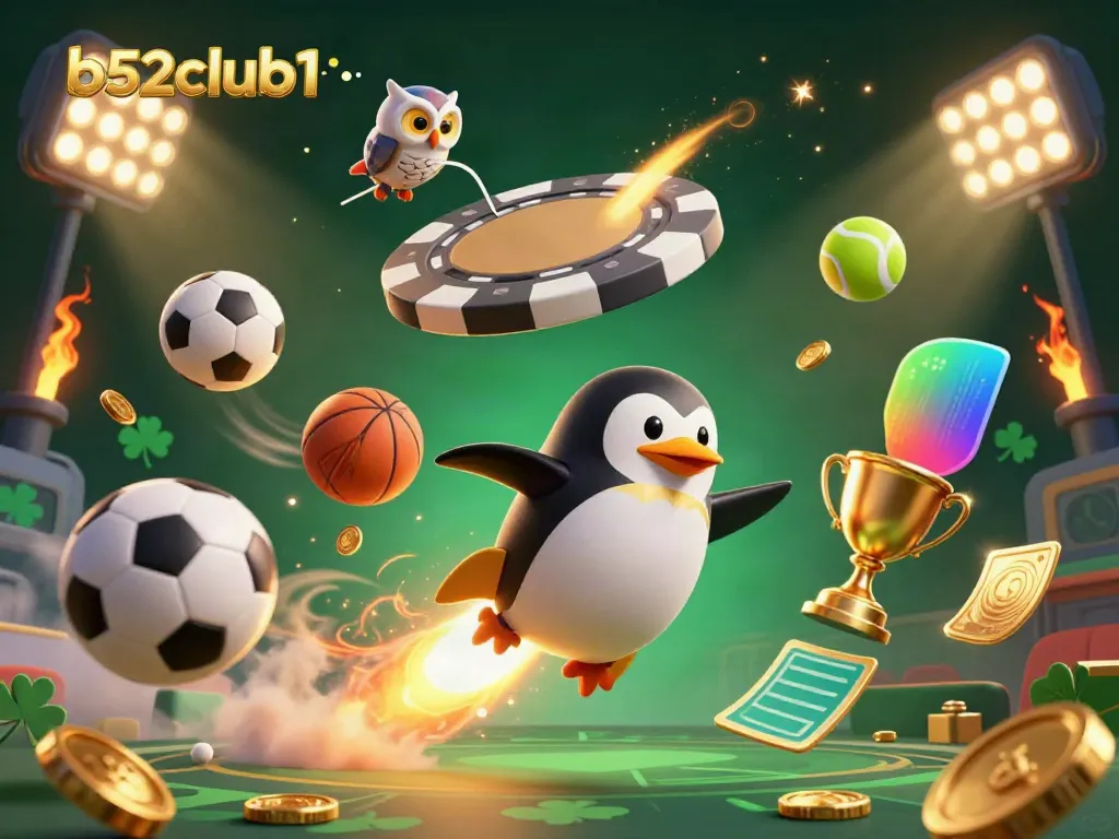 Engage in thrilling gaming action at b52club1 with a vibrant golden penguin and casino elements.