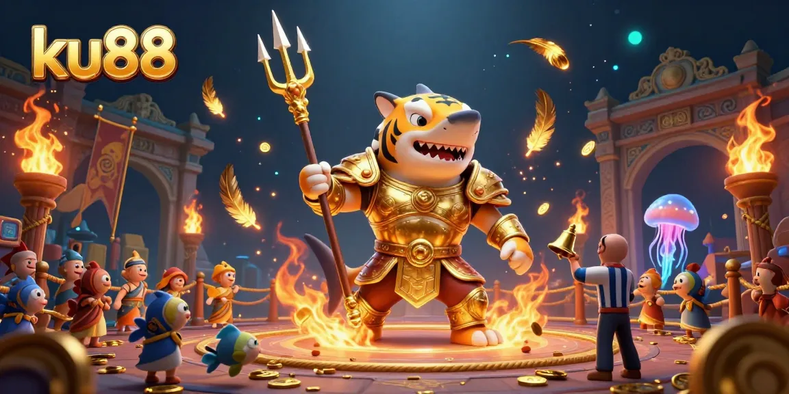 Engage in thrilling gaming at ku88 with a vibrant underwater colosseum, featuring a tiger shark gladiator.