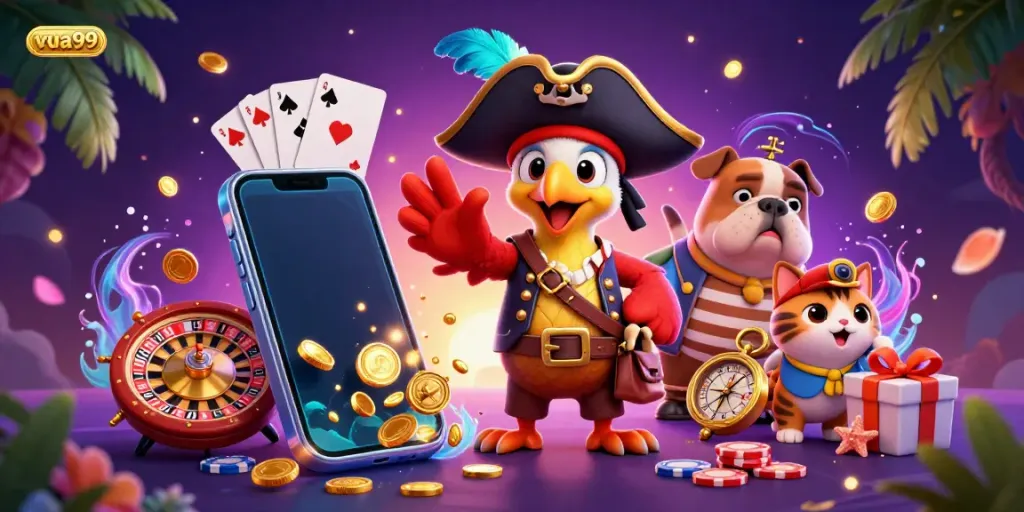 Experience thrilling slot games with vua99, featuring dynamic pirate characters, golden coins, and colorful gaming elements.