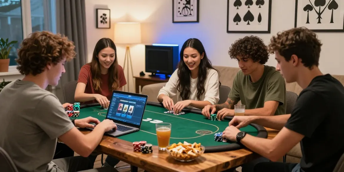 Dewapoker online gaming night with friends enjoying poker and snacks in a cozy setting