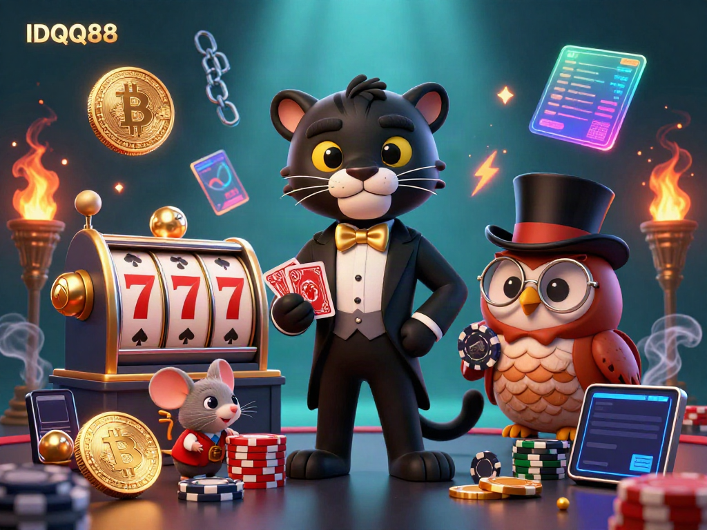 Experience thrilling gameplay with IDQQ88 as the stylish panther deals cards surrounded by vibrant casino elements.
