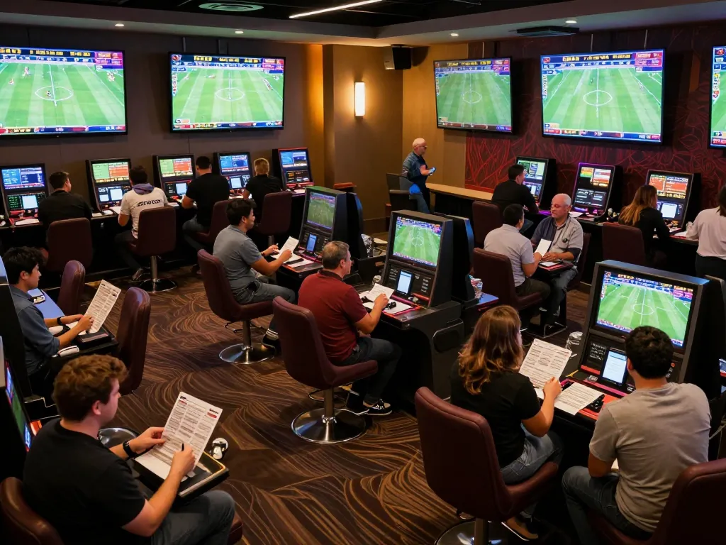 Kèo nhà cái action in a lively sports betting lounge with bettors engaged and live screens displayed