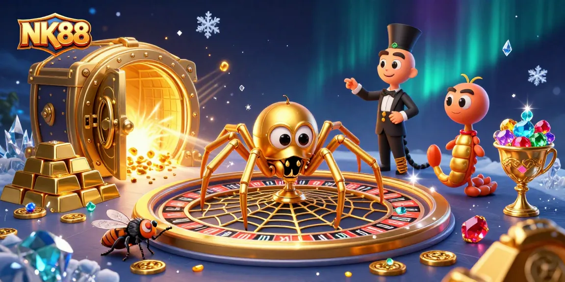 Experience thrilling bets with NK88 in a vibrant casino-themed 3D illustration featuring a golden spider and a centipede croupier.