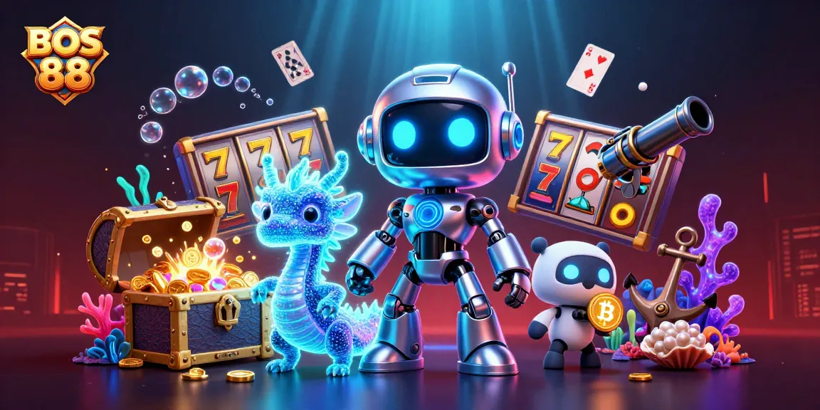 Permainan seru slot online BOS 88 dengan robot cyberpunk dan harta karun berkilau.