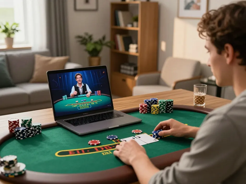 earlyinsights show exciting online blackjack gameplay with stacked chips and a laptop glow.