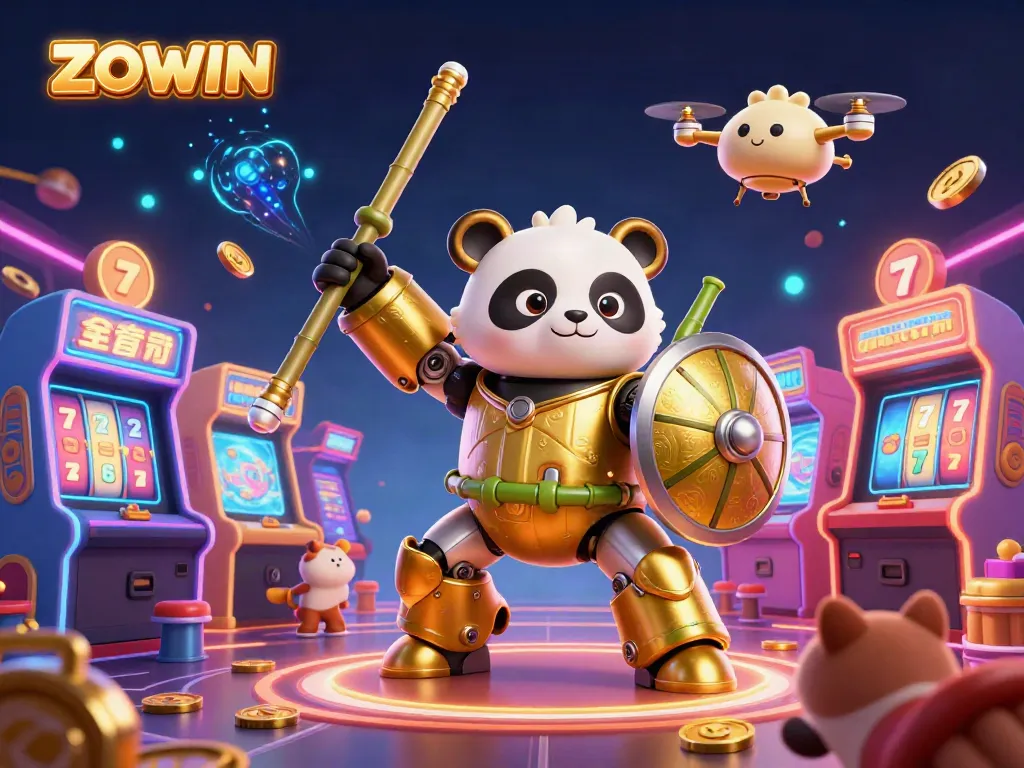ZOWIN casino action featuring a golden panda and arcade elements in a vibrant gaming arena.