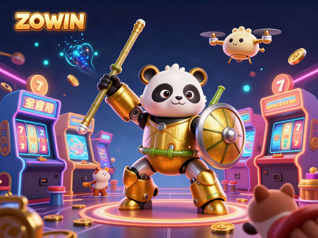 ZOWIN casino action featuring a golden panda and arcade elements in a vibrant gaming arena.