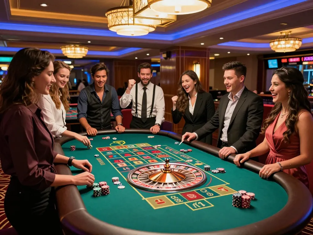 Players celebrating winnings at the roulette table, showcasing a lively atmosphere of o8 casino gaming.