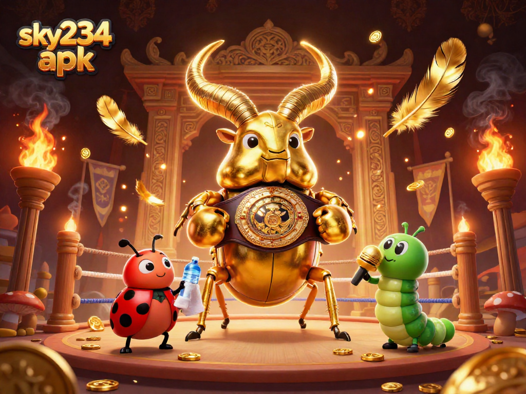 Engage in thrilling battles at sky234 apk with a golden stag beetle champion in an electrifying casino scene.