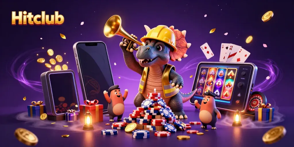 Experience excitement at Hitclub with cartoon dinosaurs celebrating wins amidst vibrant casino elements.